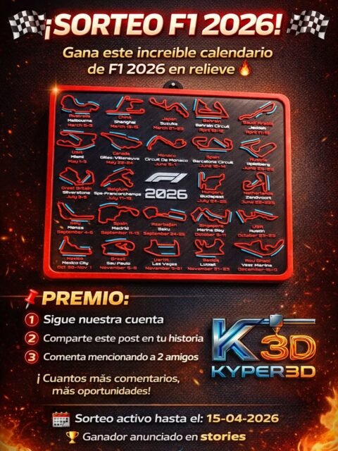 Nuevo Sorteo!!!!!
Síguenos, comparte en tu historia y nombra a tus amigos!!! Cuantos más comentarios más oportunidades.
Este calendario impreso en 3D y listo para colgarse contempla todos los circuitos de la temporada 2026 e la F1 con las zonas de DRS en color azul.
El ganador será anunciado en nuestra historia del día 15 y el ganador tendrá que pasar a recoger el premio en nuestras instalaciones de Adeje(Tenerife), en caso de necesitar envío deberá de abonar los costes