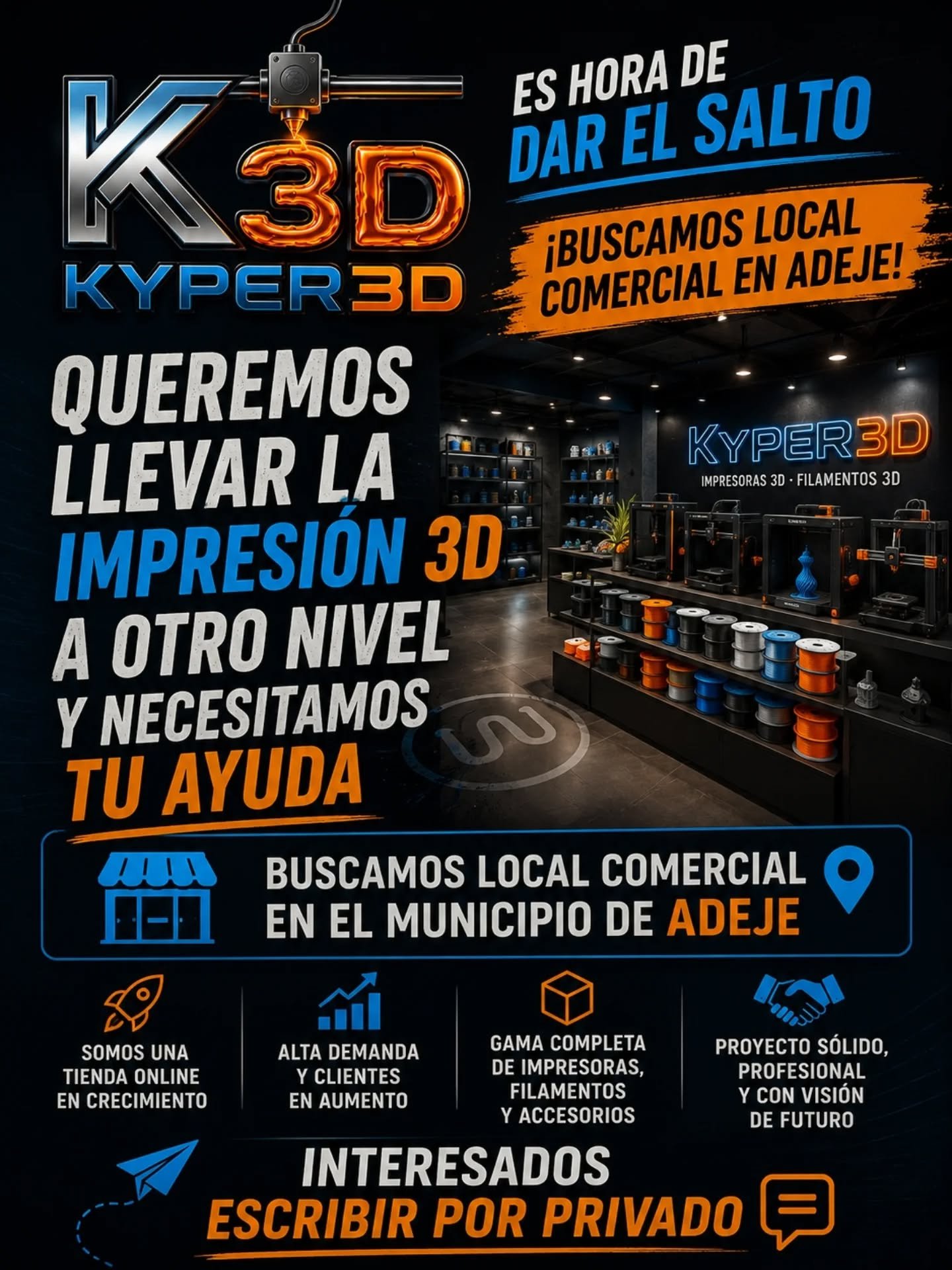 Queremos dar el salto!!!!!! Buscamos local comercial en #adeje , trato directo con propietarios!!!! 

Podéis escribirnos por privado o a nuestro email info@kyper3d.es