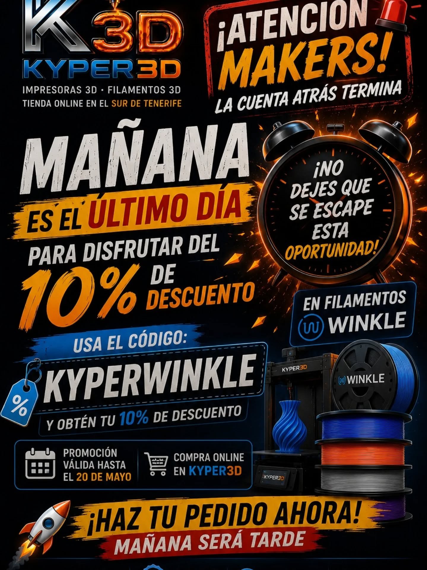 Mañana es el último día del 10% de descuento en winckle con motivo de nuestra inauguración. 

En el caso de que algún color este agotado se puede solicitar y dejar pagado y beneficiarse del descuento igualmente pero solo hasta mañana 

Cualquier duda por mensaje o a nuestro WhatsApp!!!!

@winkle3d  gracias chicos por el empujoncito!!!
