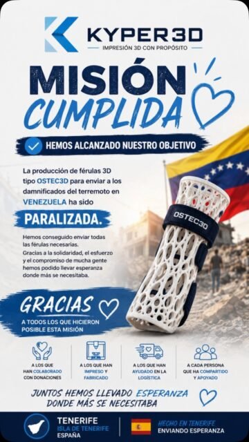 Buenos días a todos!!! Desde Venezuela los compañeros informan que no sigamos imprimiendo los modelos de férulas de niños y adultos, se estima que con lo que va a llegar a lo largo de estas semanas estará más que cubierto el cupo.

Los que habéis recibido donaciones en forma de filamento igualmente usar este material para seguir imprimiendo las férulas por si más adelante hacen falta , que espero que no.

Gracias a toda la comunidad 3D y a la solidaridad de todos los que han aportado su granito de arena y en especial a los compañeros de @ostec3d y @somoslayerlab 

Mucha fuerza para Venezuela
.
.
.
.
.
.
.
#ferulas #venezuela🇻🇪 #caracas #laguaira