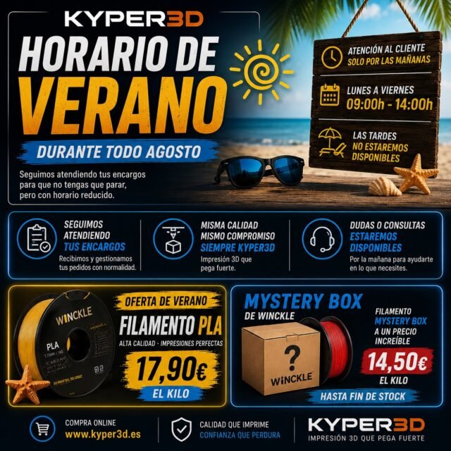 ☀️ ¡Llega el HORARIO DE VERANO a Kyper3D! ☀️

Durante todo el mes de agosto seguiremos trabajando para vosotros, aunque con un pequeño cambio de horario.

🕘 Horario de atención:
📅 Lunes a viernes
⏰ 09:00 a 14:00 h

Las tardes las dedicaremos a preparar nuevos proyectos, organizar stock y seguir trayendo novedades para ofreceros el mejor servicio posible.

🔥 Y recuerda que este verano seguimos con nuestras ofertas:

🎨 Filamento PLA desde solo 17,90 €/kg
📦 WINKLE PLA Mystery Box por solo 14,50 €/kg (hasta fin de existencias)

Si estabas pensando en reponer filamento... ¡ahora es el momento!

🛒 Compra cómodamente desde nuestra web:
🌐 www.kyper3d.es

Gracias por seguir confiando en Kyper3D. ¡Cada pedido nos ayuda a seguir creciendo! 💙🧡

#Kyper3D #Impresion3D #Filamento3D #PLA #WINKLE BambuLab Maker 3DPrinting Tenerife Adeje Canarias Oferta HorarioDeVerano MysteryBox Impresoras3D FabricacionDigital