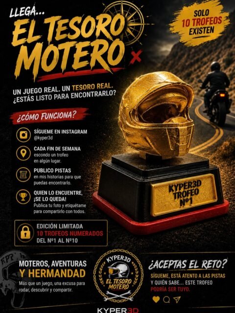 🏍️🔥 **¡LLEGA EL TESORO MOTERO!** 🏆
Un trofeo, **10 unidades numeradas** y un reto para toda la comunidad motera. 👀
📍 Cada fin de semana esconderé uno de estos trofeos.
🕵️ Publicaré **pistas en mis historias de Instagram**.
🏆 Si eres el primero en encontrarlo… **¡EL TROFEO ES TUYO!**
Solo tienes que **seguir a @kyper3d**, estar atento a las historias y salir a buscarlo. 🔎🔥
¿Serás capaz de encontrar uno de los **10 TESOROS MOTEROS**? 😏
🏍️ **Moteros, aventuras y hermandad.**
🔥 **¿ACEPTAS EL RETO?**
#ElTesoroMotero #Kyper3D #Moteros #Motoristas #Motero Tenerife Canarias Aventura RutaMotera ComunidadMotera SorteoMotero 3DPrinting Impresion3D