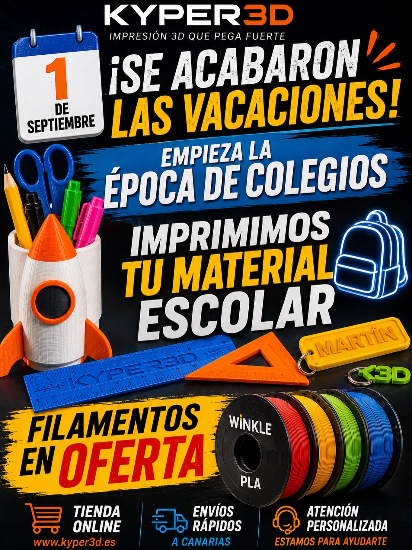 Comienza septiembre retomando la vuelta al cole!!!!📚🏫🧑🏫👩🏫👨🏫
Recordar que en nuestra tienda online tenemos oferta en filamentos.para vuestras impresoras 3D