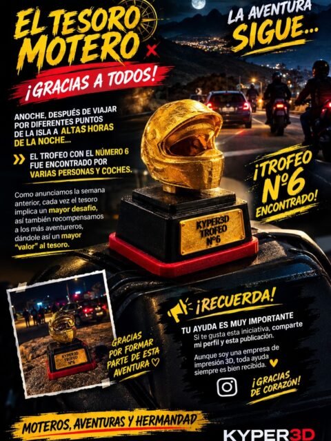🏍️🔥 ¡EL TESORO MOTERO SIGUE SU CAMINO! 🏆
Anoche, después de recorrer diferentes puntos de la isla y a altas horas de la noche, el TESORO MOTERO Nº6 fue encontrado. 👀🔥
Y esta vez no fue uno… ¡fueron varias personas y coches los que salieron en su búsqueda! 🏍️🚗💨
Como anunciamos la semana pasada, cada nuevo tesoro supondrá un desafío mayor. Y cuanto más difícil sea encontrarlo, mayor será también el valor de la aventura y la recompensa para los más atrevidos. 🔥
Pero hay algo que también necesitamos para que este proyecto siga creciendo:
❤️ TU AYUDA.
Si te gusta esta iniciativa, comparte mi perfil y esta publicación con tus amigos, grupos y compañeros de ruta. 📲
Aunque KYPER3D sea una empresa de impresión 3D, este proyecto nace por nuestra pasión por las motos y por crear algo diferente para la comunidad motera. 🏍️❤️
Cada compartido, cada nuevo seguidor y cada persona que se anima a buscar el tesoro… hace que todo esto merezca la pena.
🔎 ¿Estás preparado para el TESORO Nº7?
Estate atento a mis historias…
La próxima aventura puede estar mucho más cerca de lo que imaginas. 👀🔥
#ElTesoroMotero #Kyper3D #TesoroMotero #Moteros #Motociclismo Motoristas Tenerife Canarias AventuraMotera RutaMotera ComunidadMotera MoterosCanarios HermandadMotera Impresion3D Kyper3DCanarias