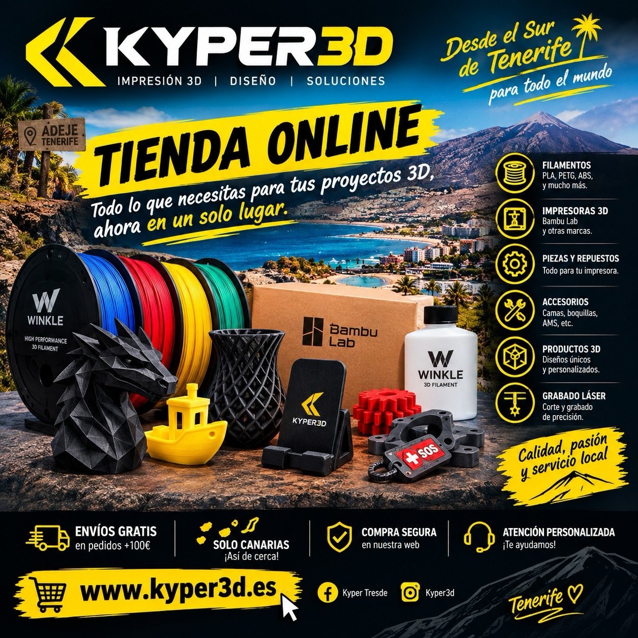🚀 ¡KYPER3D TIENDA ONLINE! 🖨️🔥
Desde el sur de Tenerife ponemos a tu alcance todo lo que necesitas para tus proyectos de impresión 3D. 🌋💛
🧵 Filamentos PLA, PETG y mucho más
🖨️ Impresoras 3D y accesorios
⚙️ Piezas y repuestos
🔧 Accesorios para impresión 3D
🎨 Productos 3D personalizados
🔥 Grabado y corte láser
Todo en un solo lugar y con atención cercana desde Tenerife.
🛒 Visita nuestra tienda:
👉 www.kyper3d.es
📦 Envíos a Canarias
🚚 Envío GRATIS en pedidos superiores a 100 €
Si tienes un proyecto en mente y no encuentras lo que buscas, consúltanos. ¡Estamos para ayudarte! 💪
KYPER3D — Impresión 3D | Diseño | Soluciones 🟡⚫
#Kyper3D #TiendaOnline #Impresion3D #Tenerife #SurDeTenerife Canarias 3DPrinting Filamento3D PLA PETG BambuLab Diseño3D Fabricacion3D GrabadoLaser Impresion3DCanarias EmprendedoresCanarios